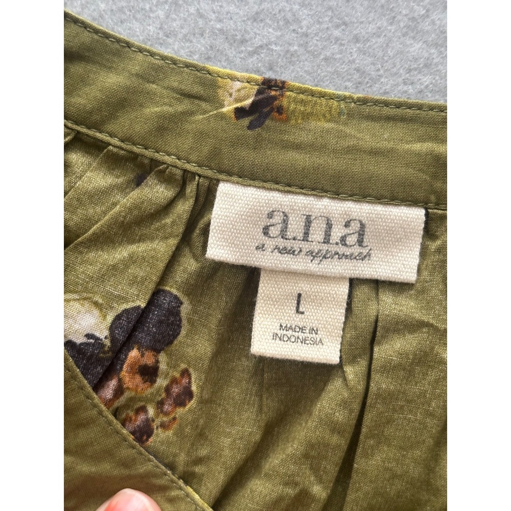 a.n.a‎ Button Up Blouse Large Olive Green Floral Cotton Band Collar NWT - Picture 4 of 10